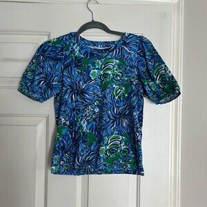 Lilly Pulitzer Rhett Top Womens XS Blue Green Floral Short Sleeve Pullover
